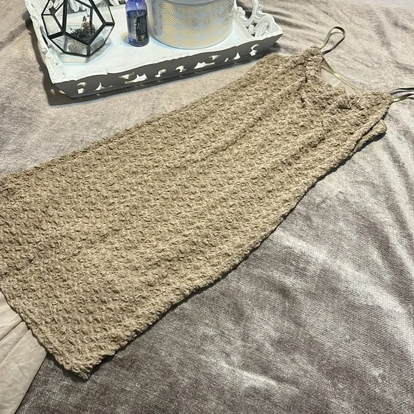 NWT Light Tan Textured Asymmetric Ruffled Midi Dress by Commense - Picture 1 of 9